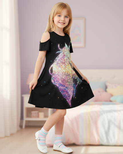 rainbow unicorn print dress girls - three-quarter