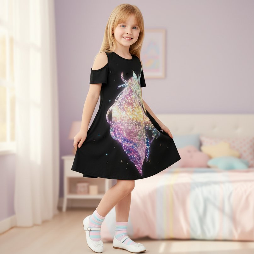 rainbow unicorn print dress girls - three-quarter