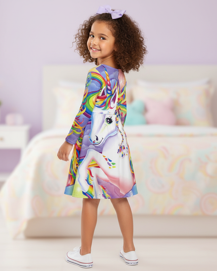 rainbow unicorn print long sleeve dress - back