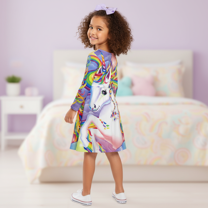 rainbow unicorn print long sleeve dress - back
