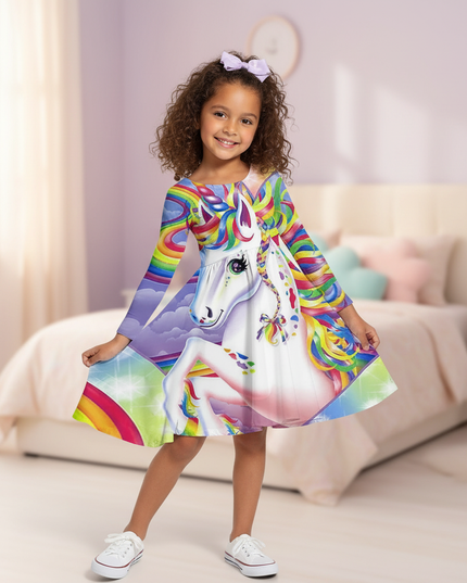 rainbow unicorn print long sleeve dress - front