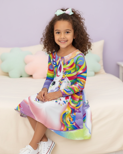 rainbow unicorn print long sleeve dress - sitting