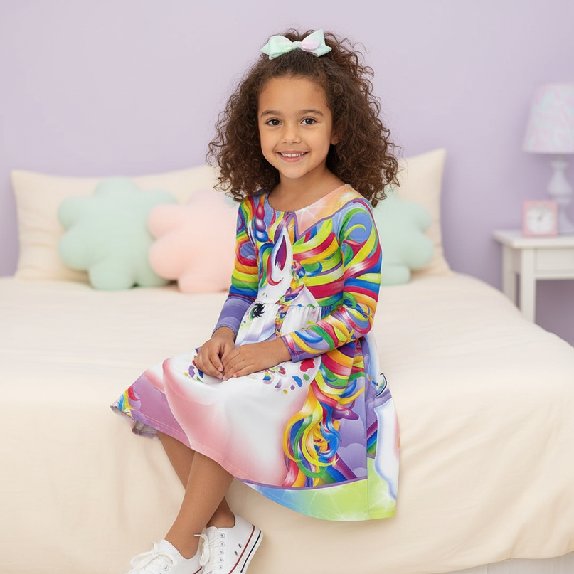 rainbow unicorn print long sleeve dress - sitting
