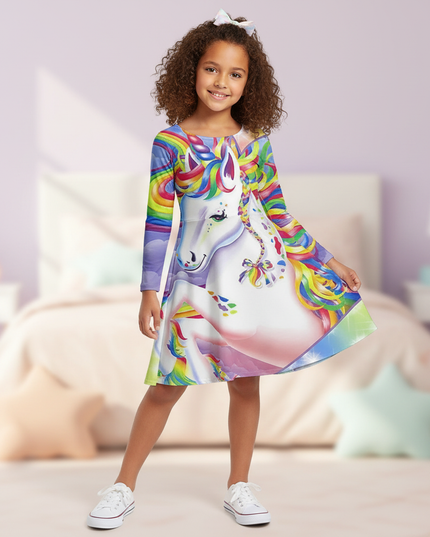 rainbow unicorn print long sleeve dress - three-quarter