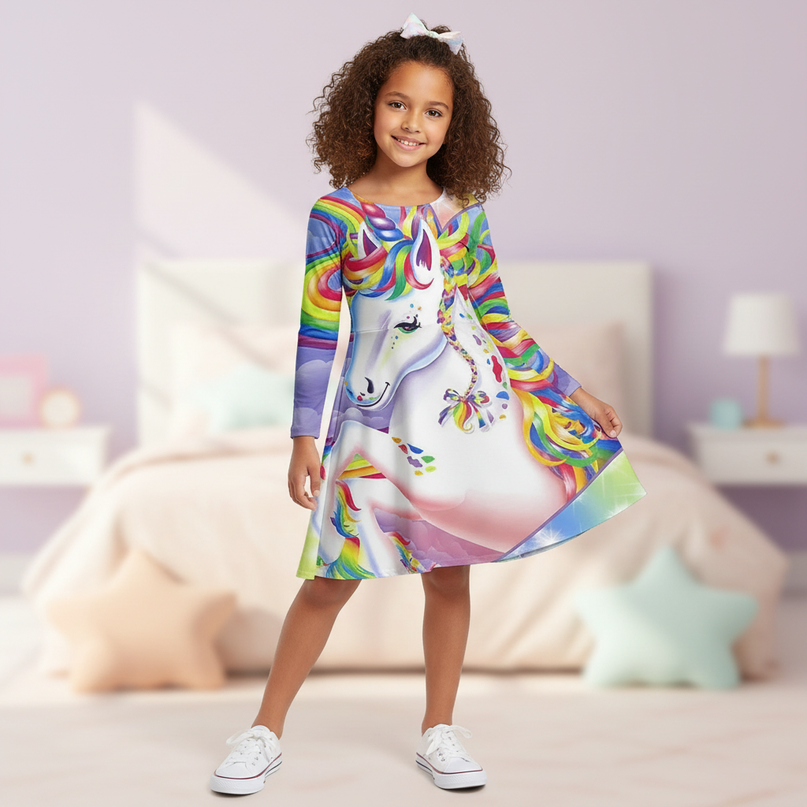 rainbow unicorn print long sleeve dress - three-quarter