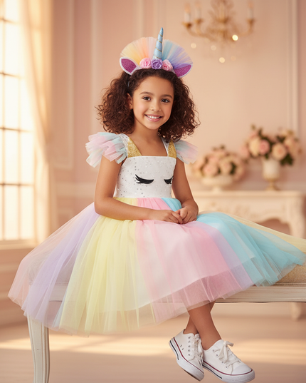 rainbow unicorn sequin tutu dress - sitting
