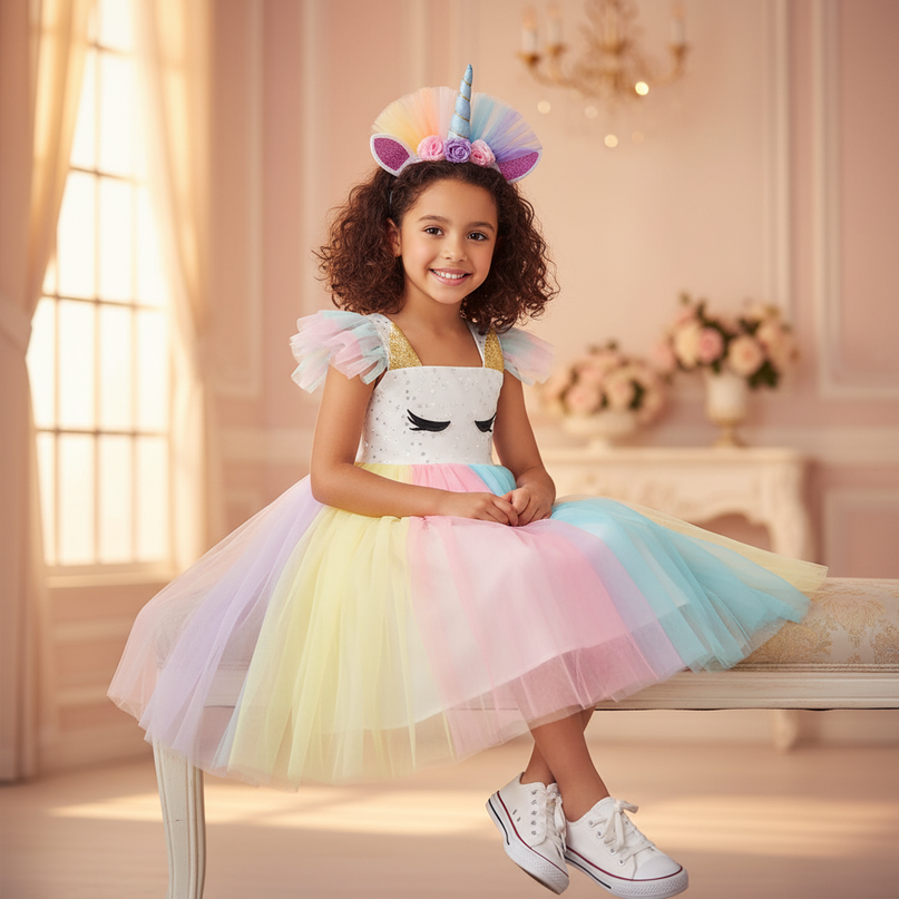 rainbow unicorn sequin tutu dress - sitting
