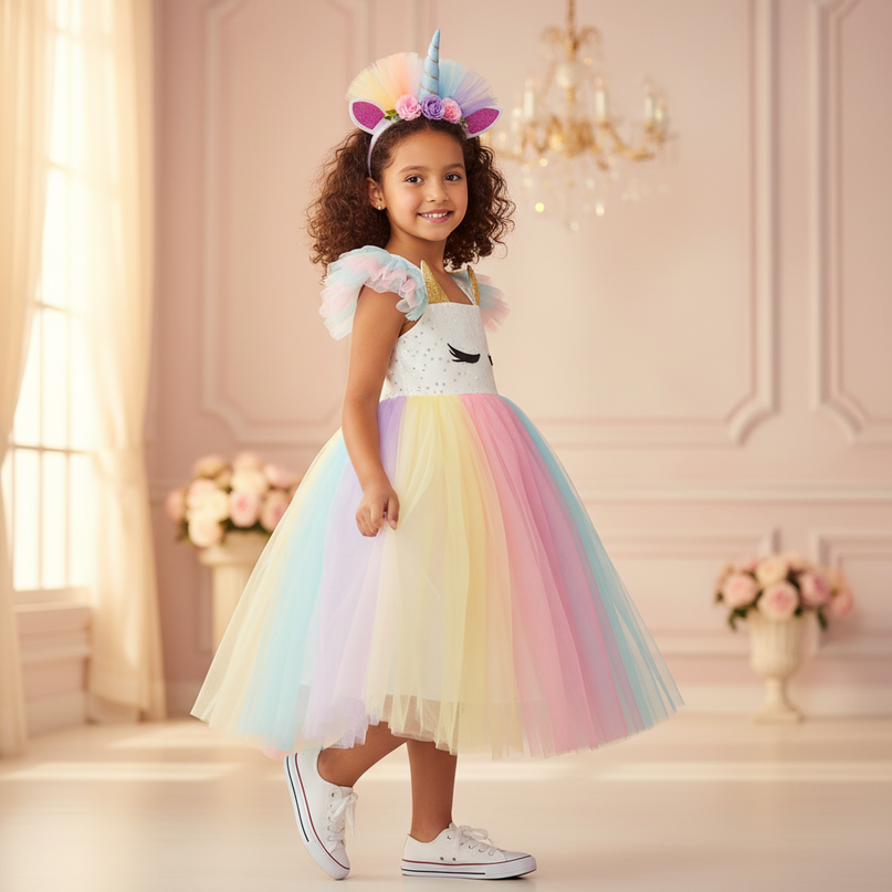 rainbow unicorn sequin tutu dress - three-quarter