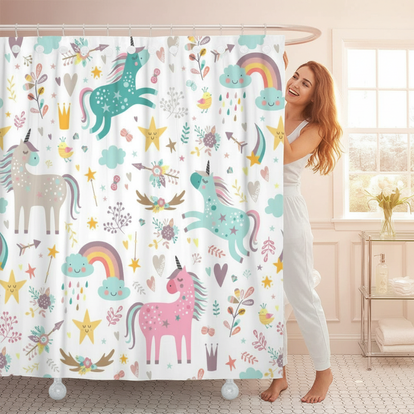 rainbow unicorn shower curtain - in-use
