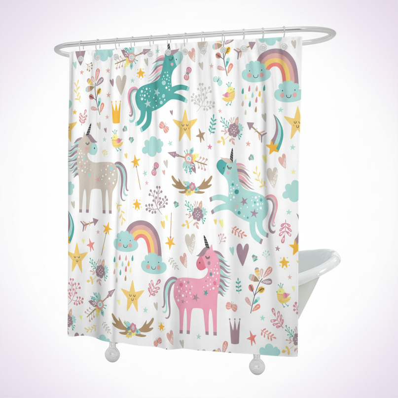 rainbow unicorn shower curtain - white-bg