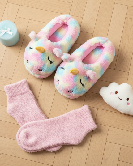 rainbow unicorn slippers - flat-lay