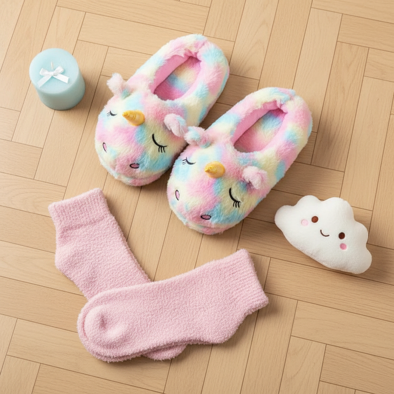 rainbow unicorn slippers - flat-lay