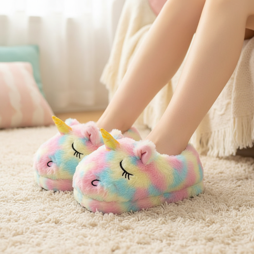 rainbow unicorn slippers - in-use