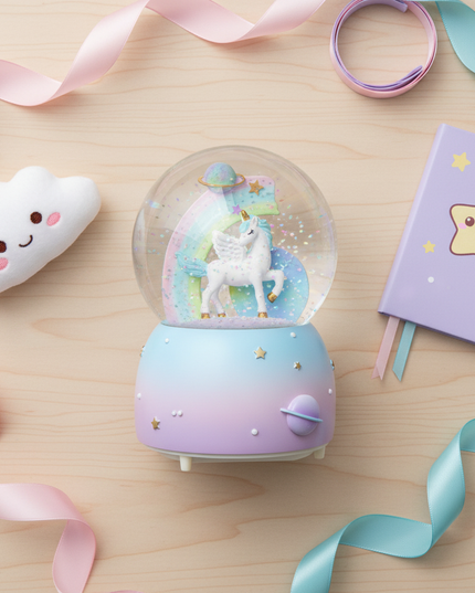 rainbow unicorn snow globe - flat-lay