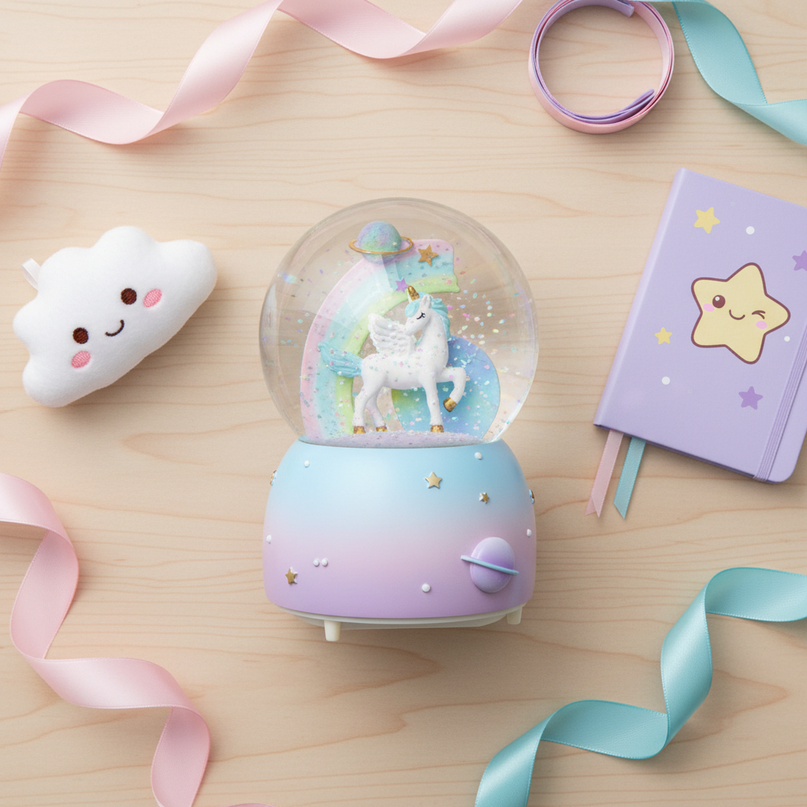 rainbow unicorn snow globe - flat-lay