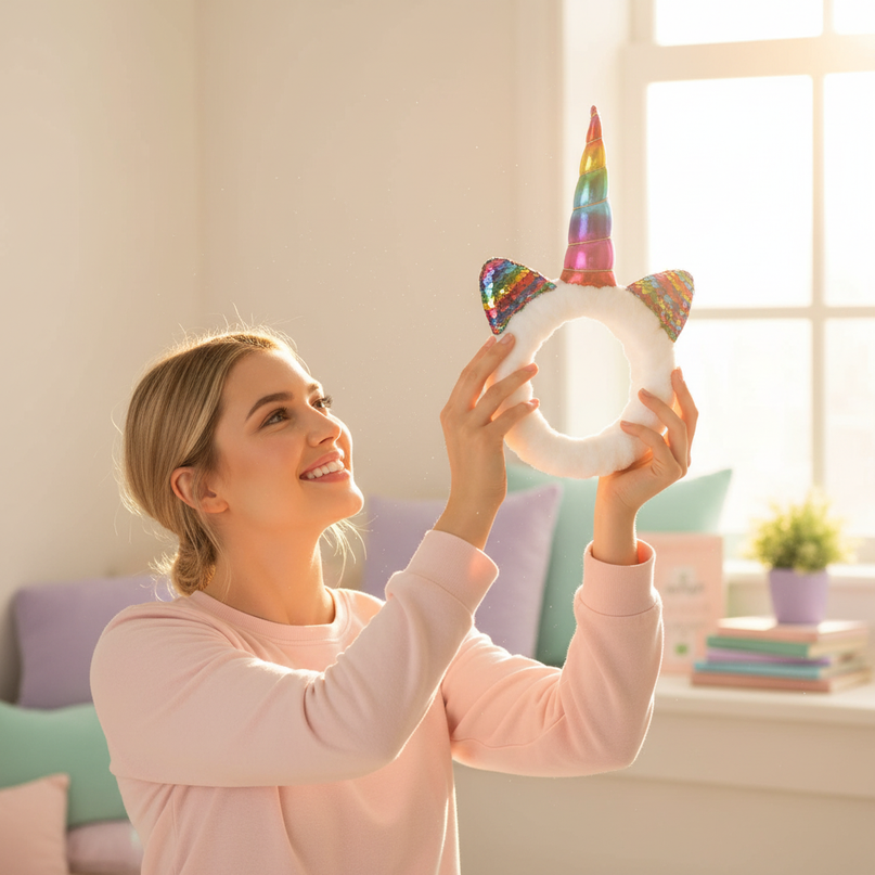 rainbow unicorn spa headband - in-use
