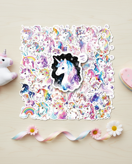 rainbow unicorn stickers - flat-lay