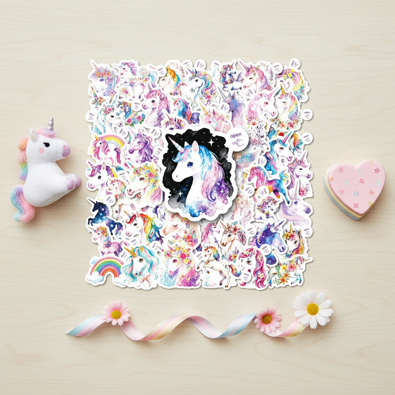 rainbow unicorn stickers - flat-lay