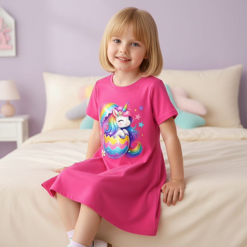 rainbow unicorn t shirt dress - sitting
