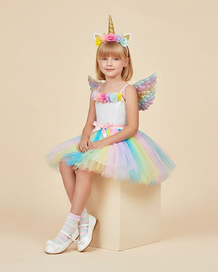 rainbow unicorn tutu dress set girls - sitting