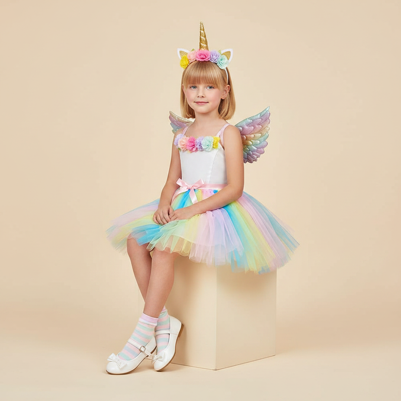 rainbow unicorn tutu dress set girls - sitting