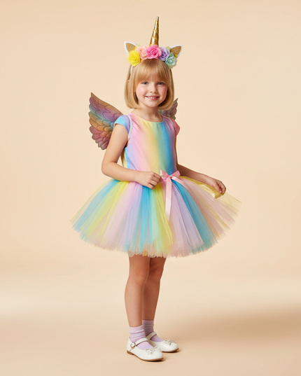 rainbow unicorn tutu dress set girls - three-quarter