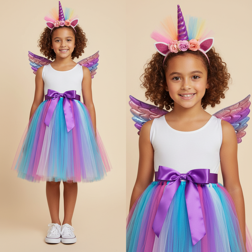 rainbow unicorn tutu dress with wings - detail
