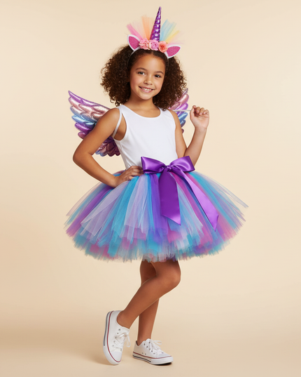 rainbow unicorn tutu dress with wings - front