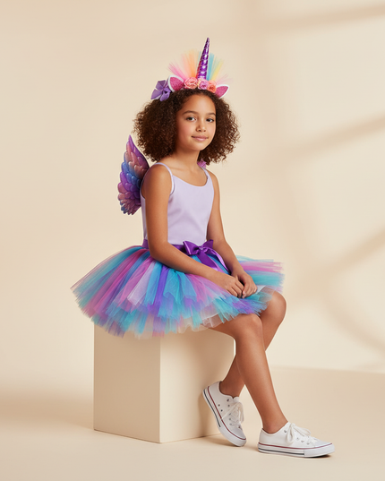 rainbow unicorn tutu dress with wings - sitting
