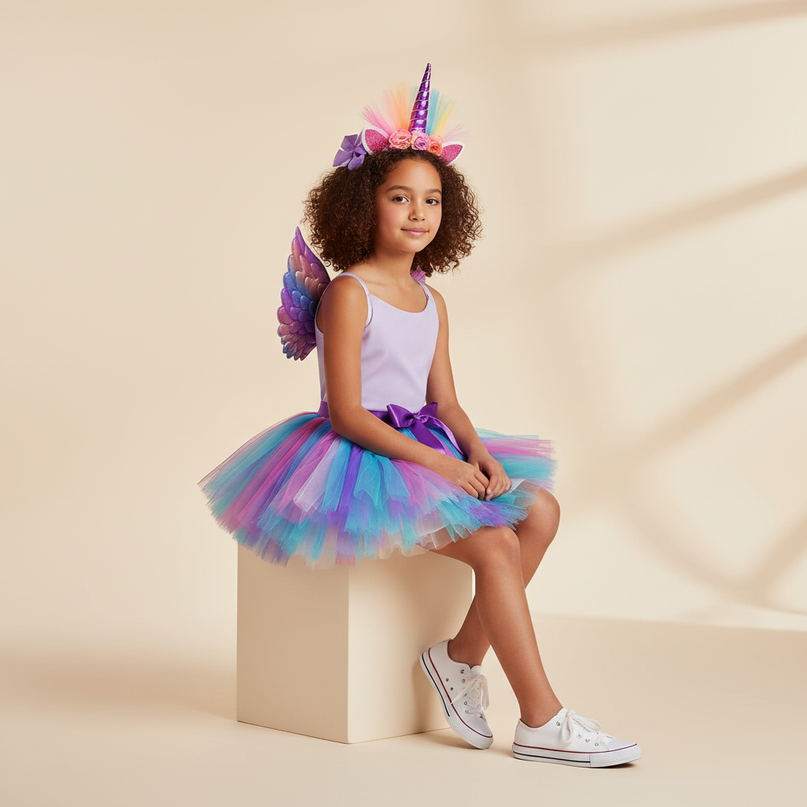 rainbow unicorn tutu dress with wings - sitting