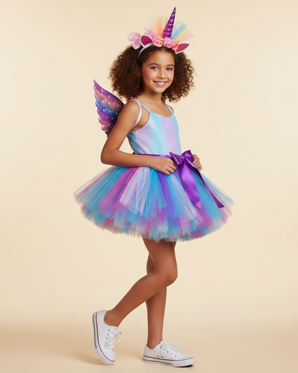 rainbow unicorn tutu dress with wings - three-quarter