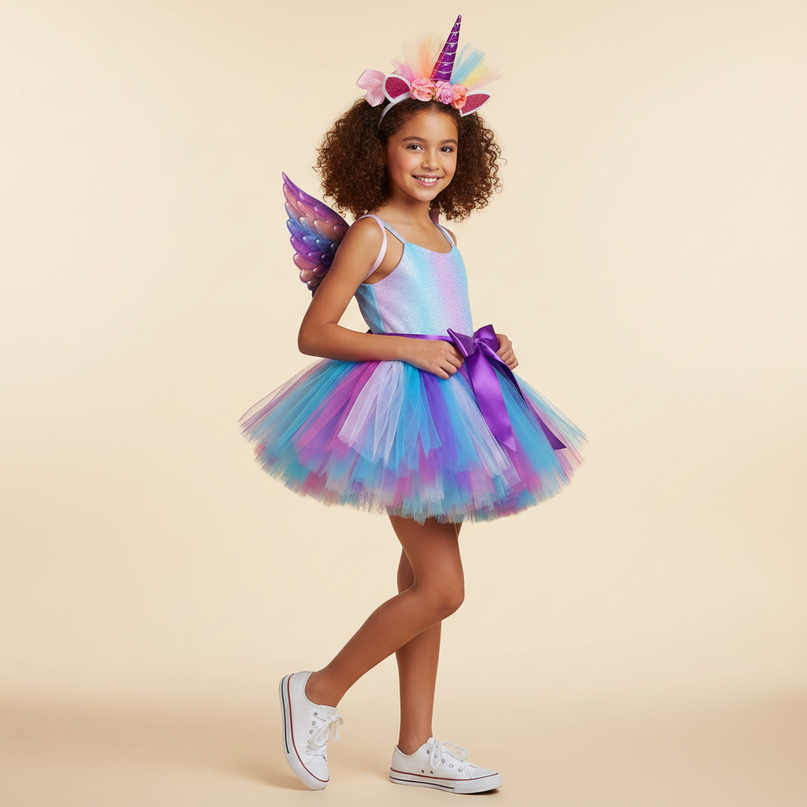 rainbow unicorn tutu dress with wings - three-quarter