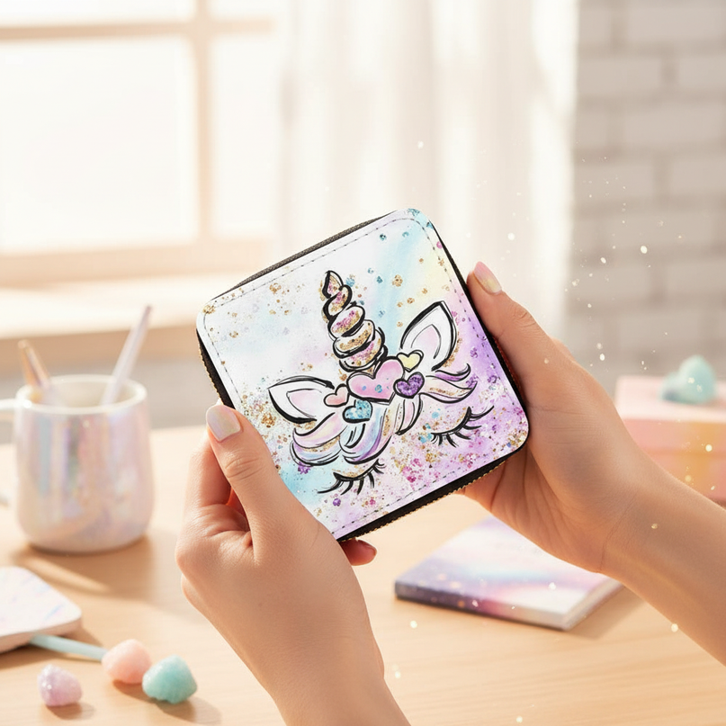 rainbow unicorn wallet - in-use