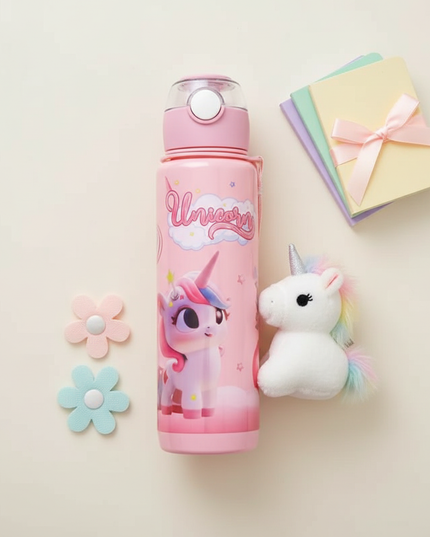 rainbow unicorn water bottle - flat-lay