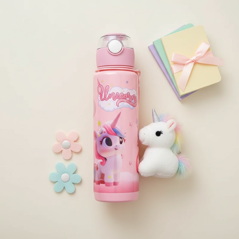 rainbow unicorn water bottle - flat-lay