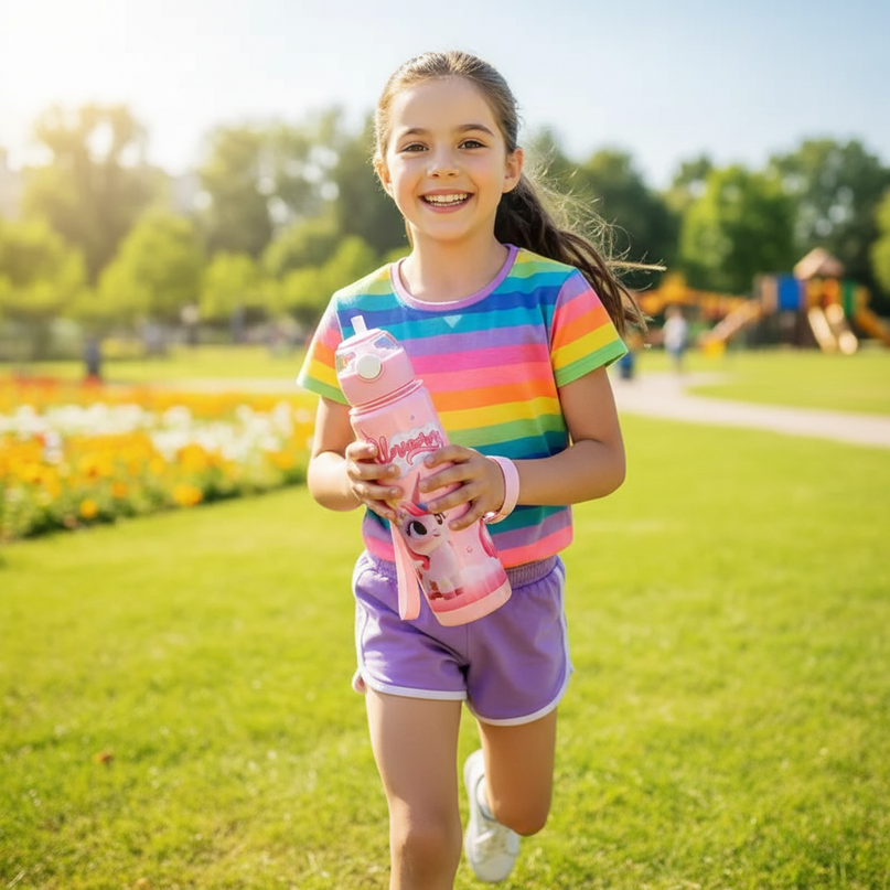 rainbow unicorn water bottle - in-use
