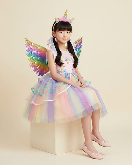 rainbow unicorn wings dress set - sitting
