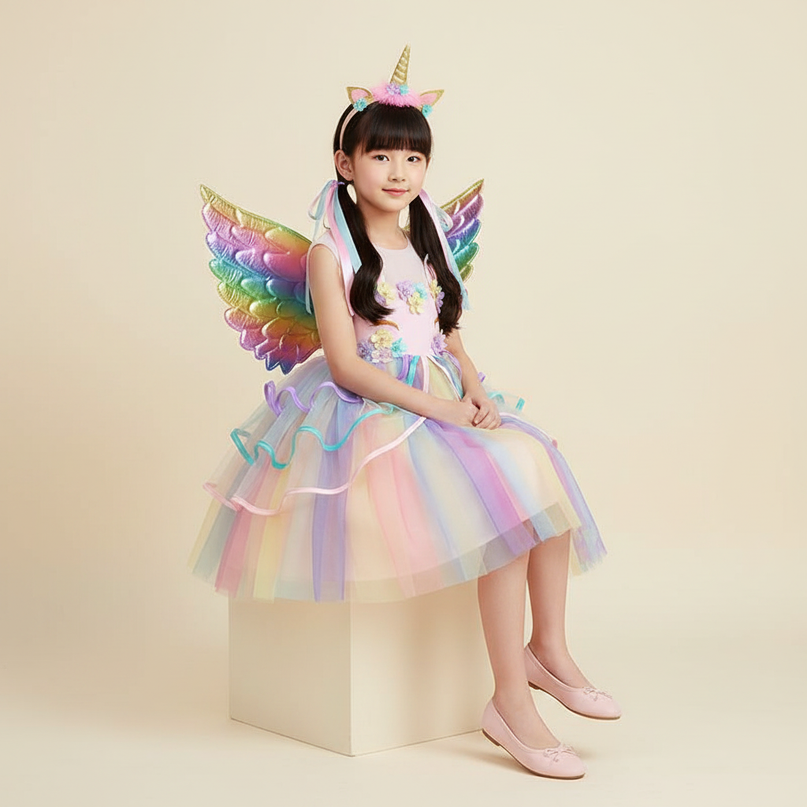 rainbow unicorn wings dress set - sitting