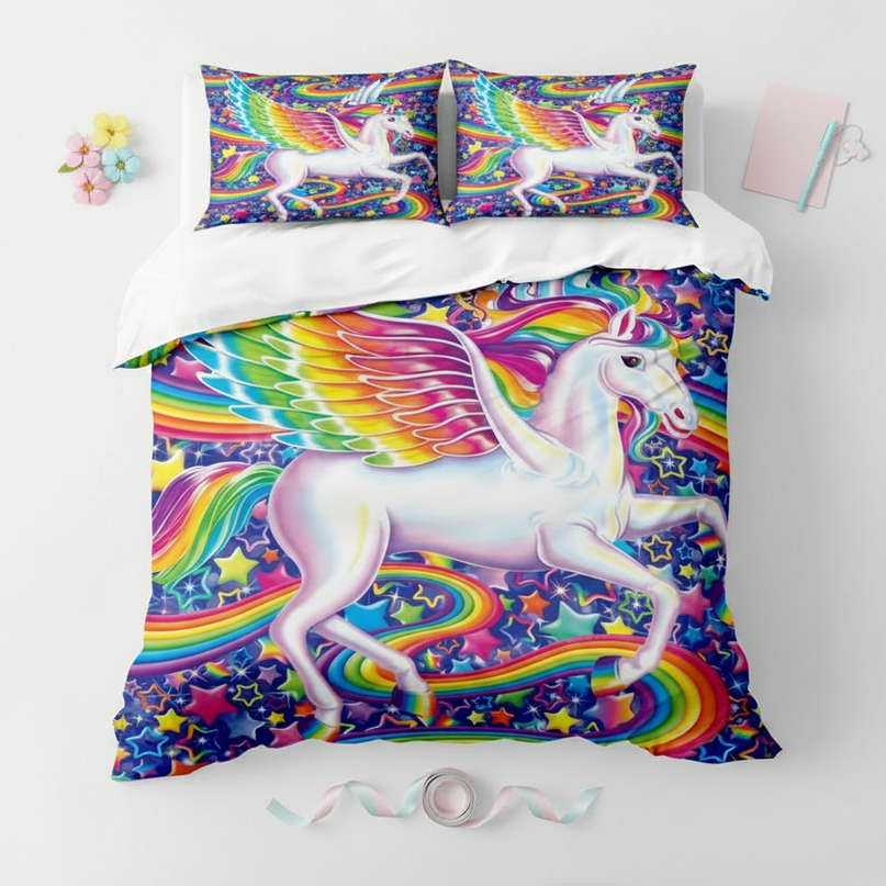 rainbow winged pegasus unicorn bedding - flat-lay