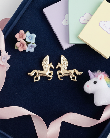 real gold unicorn earrings - flat-lay