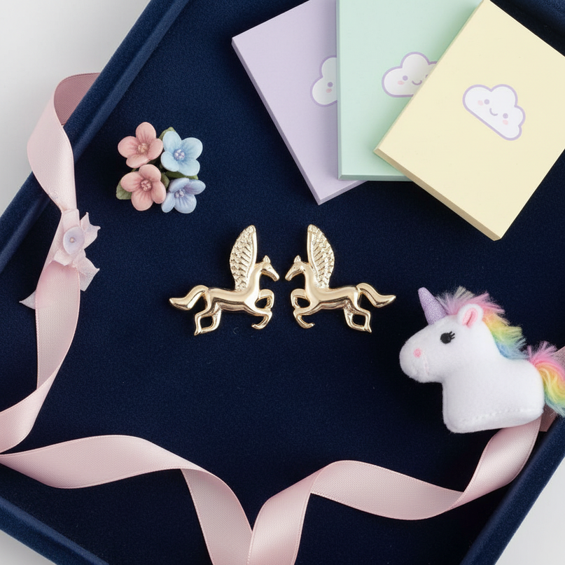 real gold unicorn earrings - flat-lay