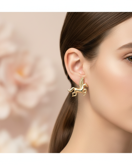 real gold unicorn earrings - in-use