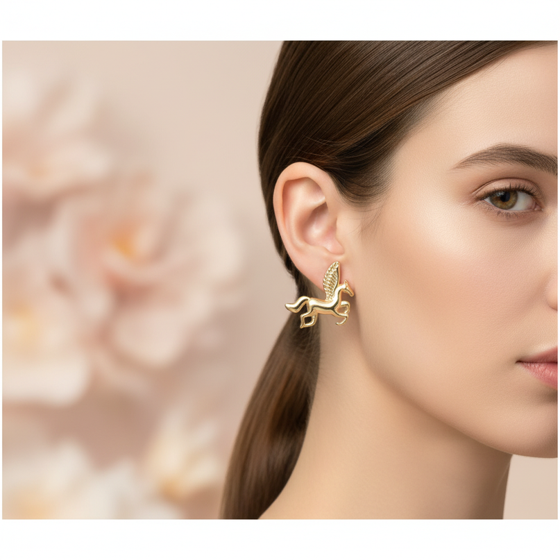 real gold unicorn earrings - in-use