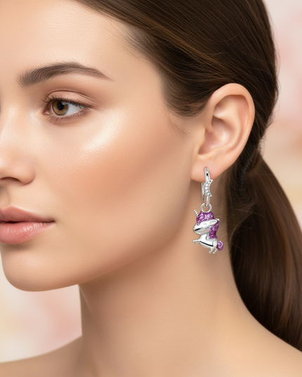 real silver unicorn earrings - in-use