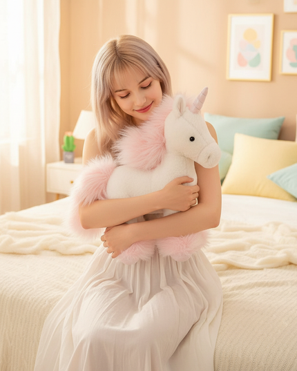 realistic pink unicorn plush toy - in-use