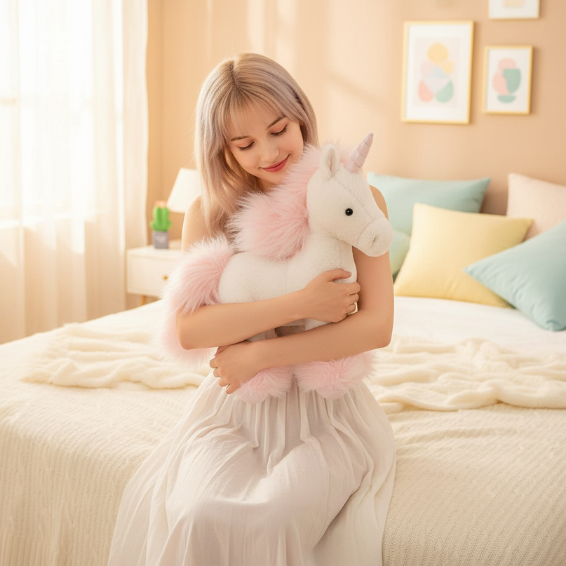 realistic pink unicorn plush toy - in-use