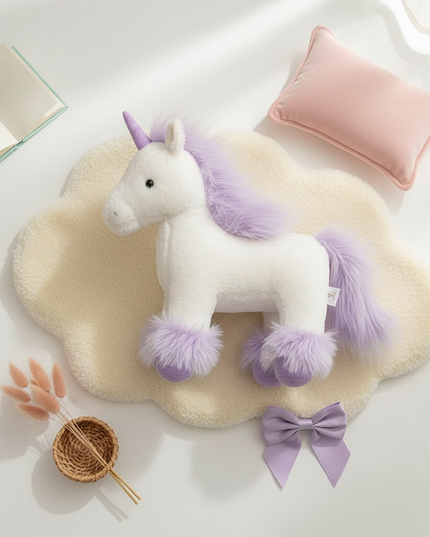 realistic purple unicorn plush toy - flat-lay