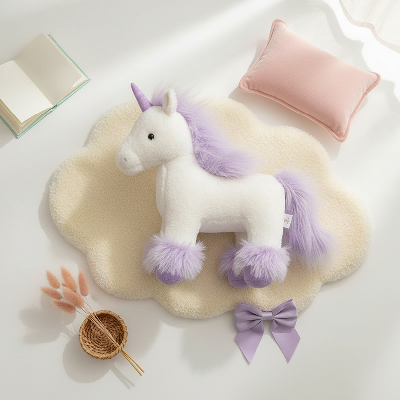 realistic purple unicorn plush toy - flat-lay