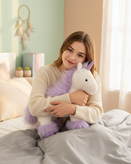 realistic purple unicorn plush toy - in-use