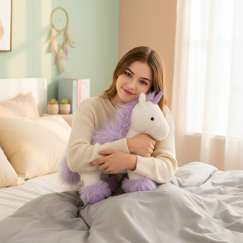 realistic purple unicorn plush toy - in-use